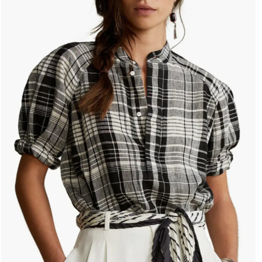 Ralph Lauren Cici Blouson-Sleeve Plaid Linen Popover - Picture 4 of 9